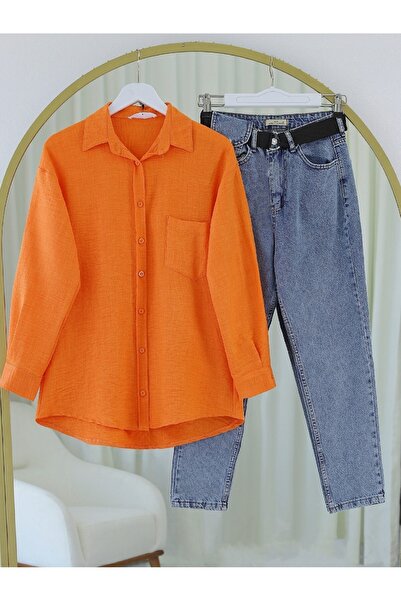 Modamorfo Λινό πουκάμισο με ένα κουμπί τσέπης - Πορτοκαλί