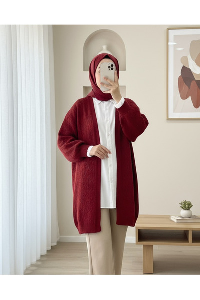 Modamorfo Lace-Like Knit Yumoş Cardigan with Sleeves and Front - Red