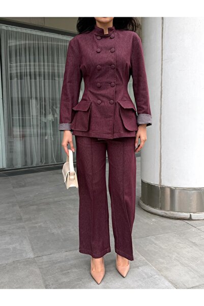 Julidress Plum Button Detailed Blazer Jacket and Pants Bottom Top Premium Denim Suit