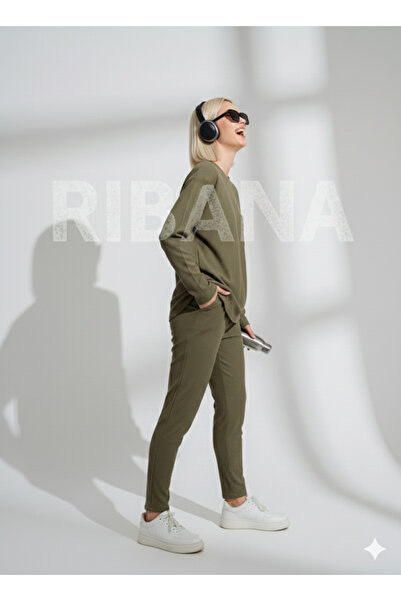 ribana Unisex khaki Corded Fabric fleece-lined crew neck slim fit pocket set