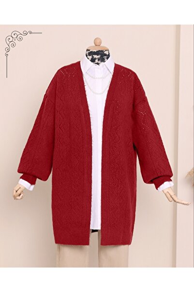 Modamorfo Lace-Like Knit Yumoş Cardigan with Sleeves and Front - Red