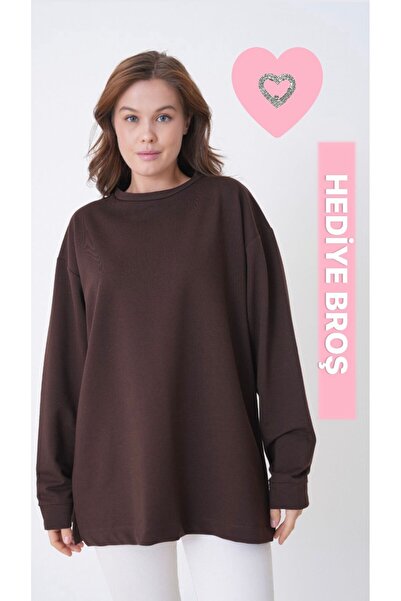 mermaya premium kalite iki iplik kumaş, kahverengi, oversize , sweatshirt (40...
