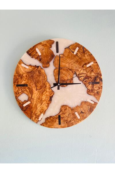 HEZARAN El Yapımı Epoksi Zeytin Ağacı Duvar Saati, Benzersiz Ev Hediyesi – 40 cm Modern Ahşap Tasarım Saat