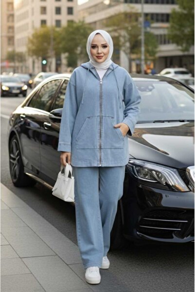 Hb Harma Time Butik Women's Hooded Pocket Denim Blue Tunic Trousers Set