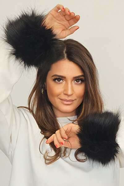 Mağazam Online Peluş Suni Kürk Kolluk Kabarık Manşet Bileklik - Vegan Lüx Siyah