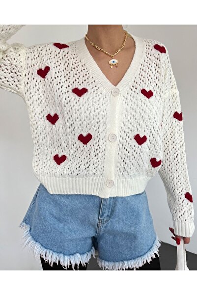 Modamorfo Heart Pattern Buttoned Openwork Knitted Cardigan