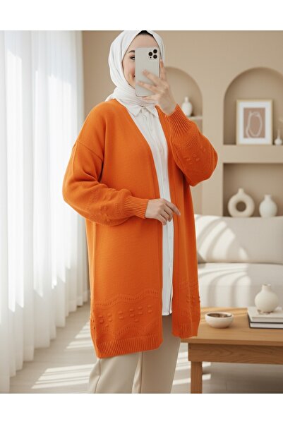 Modamorfo Knitted Cardigan with Pompom Sleeves and Skirt - Orange