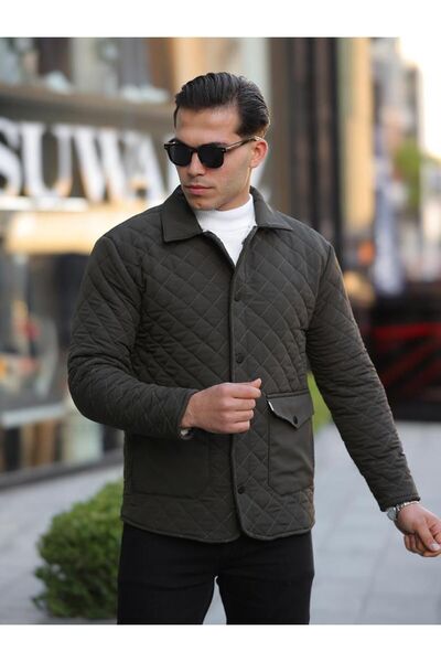 comstar Men's Snap Fastener Basic Winter Fur Khaki Quilted Coat