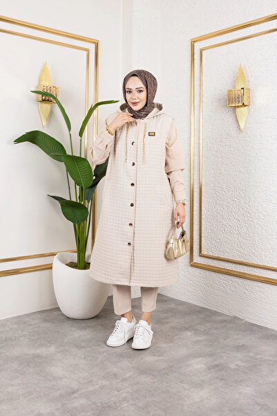 Moda MSK Hooded Quilted Beige Vest with Weapon Detail