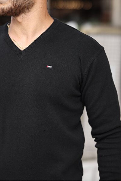 comstar Чоловічий трендовий светр з V-подібним вирізом, чорний трикотажний светр для щоденного носіння