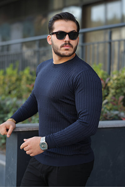 comstar Men's Crew Neck Long Sleeve Navy Blue Knit Sweater