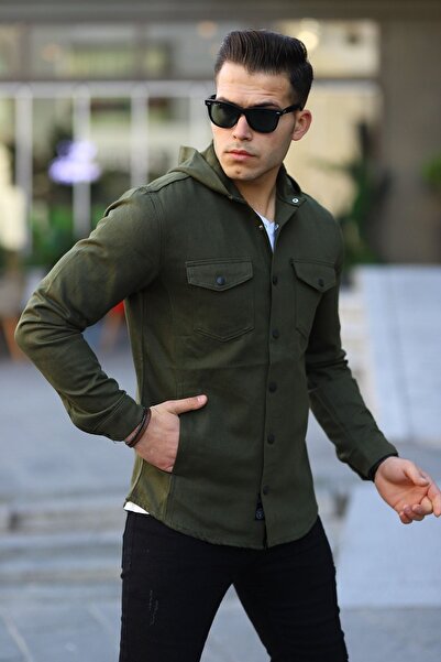 comstar Men's Hooded Snap Fastener Loose Basic Khaki Denim Shirt