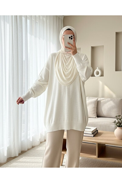 Modamorfo Plain Crew Neck Balloon Sleeve Knitwear Tunic -White