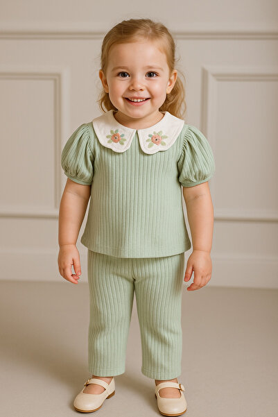 baume clothes Mint Green Girl's Bottom-Top Set with Flower Embroidery Collar