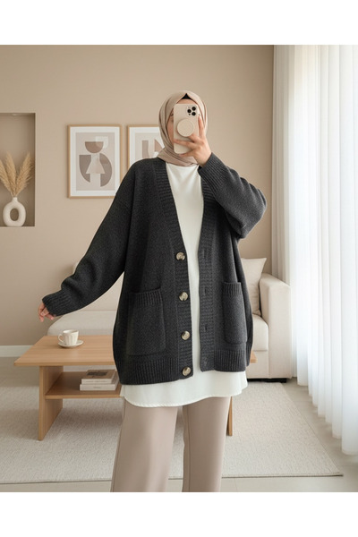 Modamorfo Buttoned Double Pocket Casual Knit Cardigan - Smoked