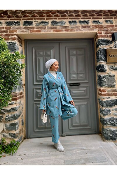 comstar Women's Hijab Kimono Loose Pants Blue Double Set
