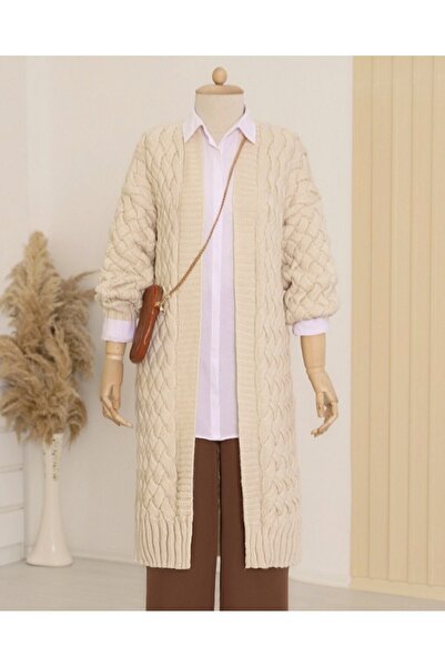 Modamorfo Hair Knit Pattern Long Cardigan -Stone