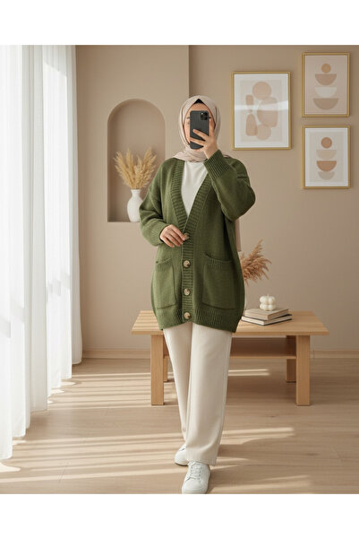 Modamorfo Buttoned Double Pocket Casual Knit Cardigan - Khaki