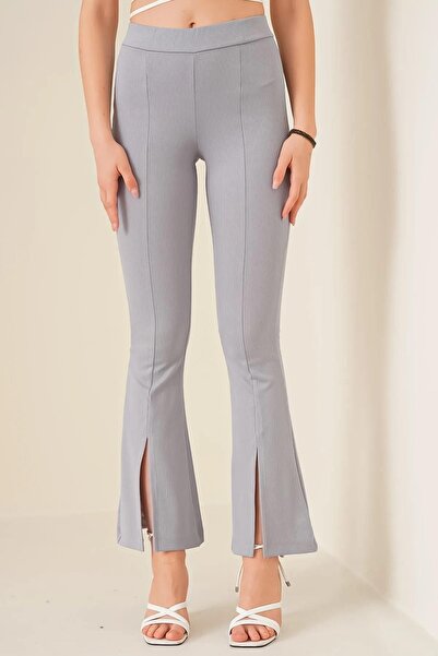 comstar Women's Striped Slit Gray Flared Trousers