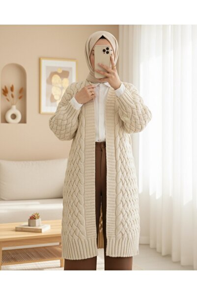 Modamorfo Hair Knit Pattern Long Cardigan -Stone