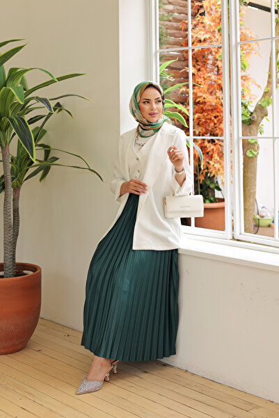 comstar Women's Basic High Waist Pleated Loose Petrol Long Skirt