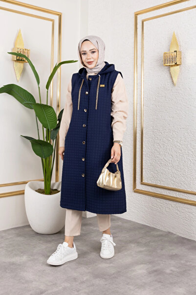 Moda MSK Hooded Quilted Navy Blue Vest with Weapon Detail