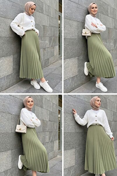 comstar Women's Basic High Waist Pleated Loose Khaki Long Skirt