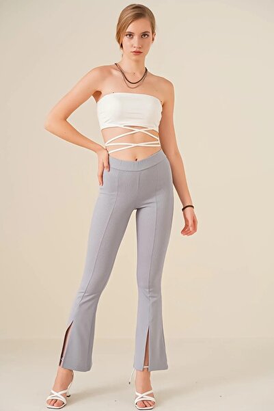 comstar Women's Striped Slit Gray Flared Trousers