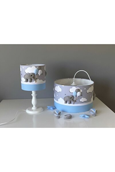 Genel Markalar Gri Bulutlu Beyaz Şeritli Fil Figürlü Bebek/çocuk Odası Tasarım Avize Abajur Seti