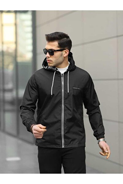 comstar Men's Zippered Hooded Black Windbreaker & Raincoat