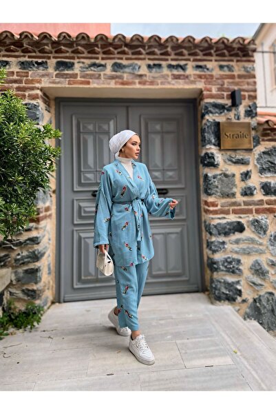 comstar Women's Hijab Kimono Loose Pants Blue Double Set