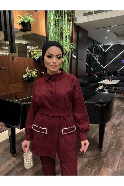 comstar Women's Jacquard Waist Belted Pocket Stone Bottom Top Set