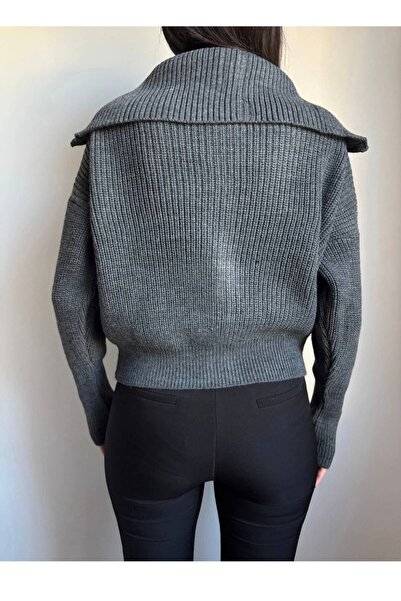 Nopen Knitwear Women's Anthracite Gray Zippered Knitwear Cardigan