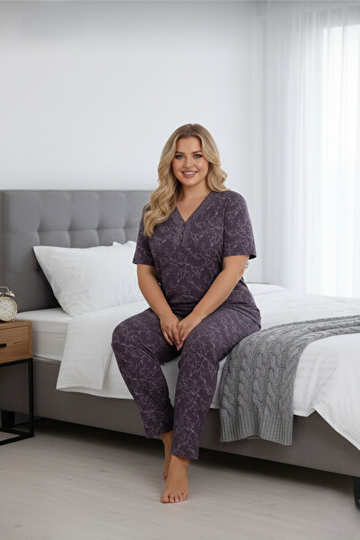 Temporium Large Size Lace Collar Short Sleeve Bamboo Pajamas Set