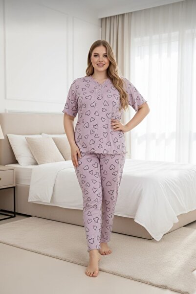Temporium Women's Plus Size Collar Lace Detail Short Sleeve Bamboo Pajama Set