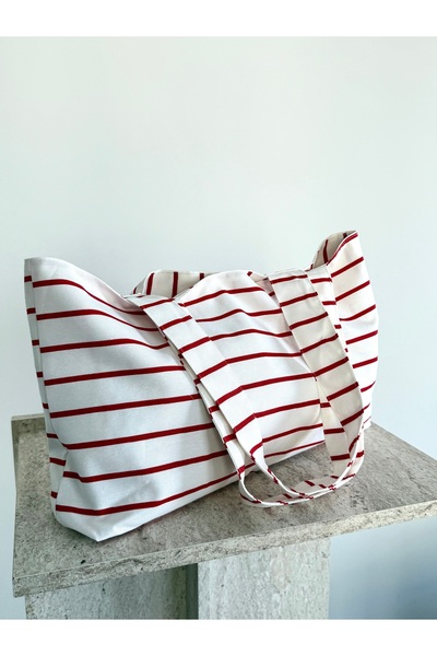 LUNAFEL Red Striped Canvas Handbag Shoulder Bag - Waterproof Fabric - Tote Cloth Handbag and Shoulder Bag