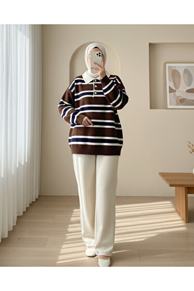 Modamorfo Pulover tricotat cu dungi colorate cu guler polo - maro