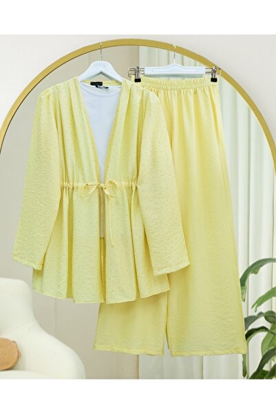 Modamorfo Kimono Suit with Tunnel Laces and Stoned Wide Leg Trousers - Yellow