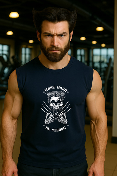 BESSA Navy Blue Athlete's Tank Top Work Hard Printed Oversize Crew Neck Cotton Fabric Men