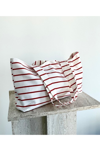 LUNAFEL Red Striped Canvas Handbag Shoulder Bag - Waterproof Fabric - Tote Cloth Handbag and Shoulder Bag