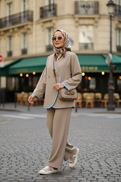 Aselim Hijap Moda Nora Women's Hijab Two-Piece Set with Jacket – Imported Crepe Fabric, Wide-Leg Pants - Beige