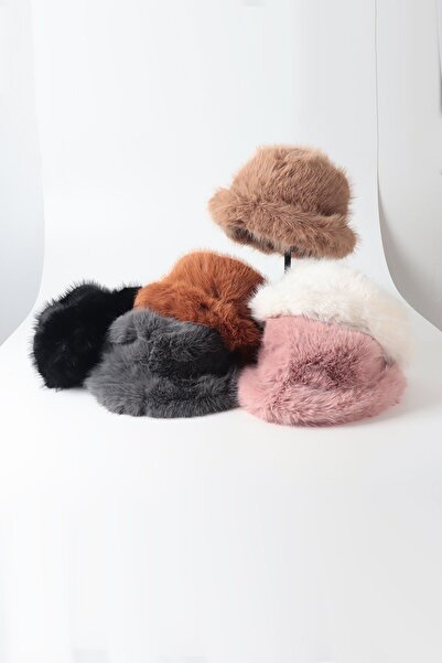 Kapin Coffee Fur Round Hat Plush Bucket Extra Fluffy Heart Hat