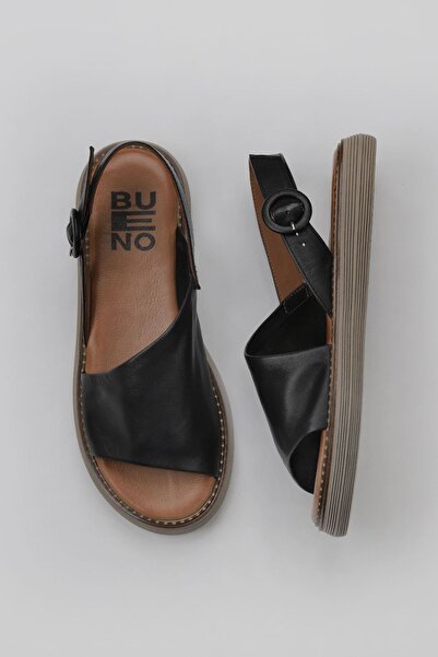 Bueno Shoes Μαύρα δερμάτινα γυναικεία φλατ σανδάλια 01wy6609