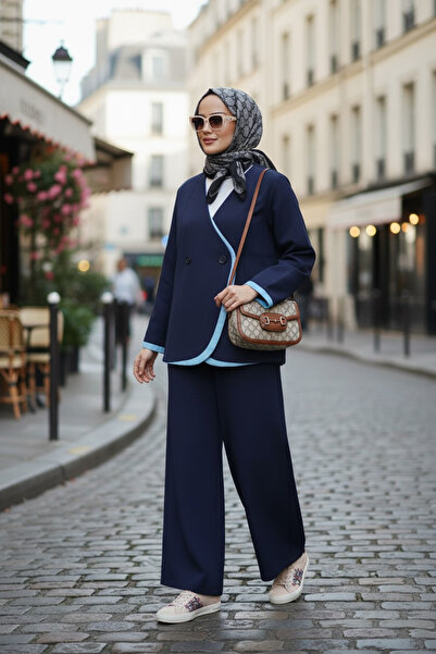 Aselim Hijap Moda Nora Women's Hijab Two-Piece Set with Jacket – Imported Crepe Fabric, Wide-Leg Pants - Navy Blue