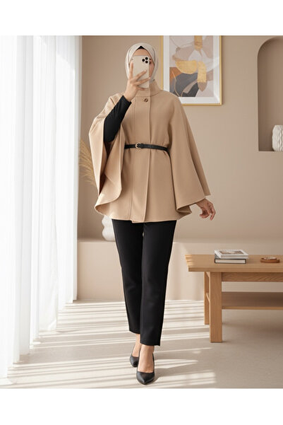 Modamorfo Single Button Belted Poncho - Mink