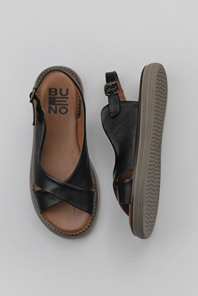 Bueno Shoes Δερμάτινα Γυναικεία Σανδάλια Μαύρα Flat 01wy6607