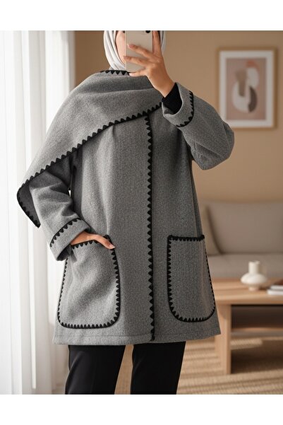 Modamorfo Buttoned Front Jacket with Scarf and Pockets - Gray
