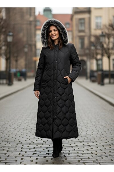 şuranur Kapüşonlu Kapitone Mont SOĞAN DESEN - Siyah