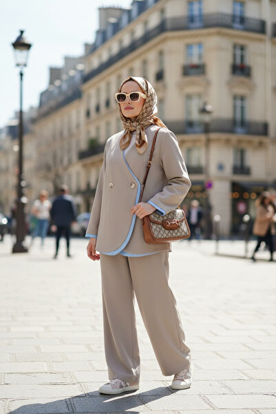 Aselim Hijap Moda Nora Women's Hijab Two-Piece Set with Jacket – Imported Crepe Fabric, Wide-Leg Pants - Beige