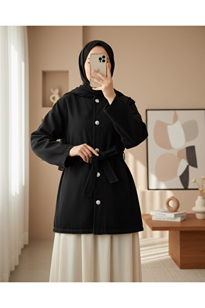 Modamorfo سترة دينم بزر دائري وحزام - أسود